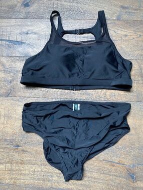Roots Black High Neck Mesh Bikini Set Two Piece Swimsuit Sporty Full Coverage Mi